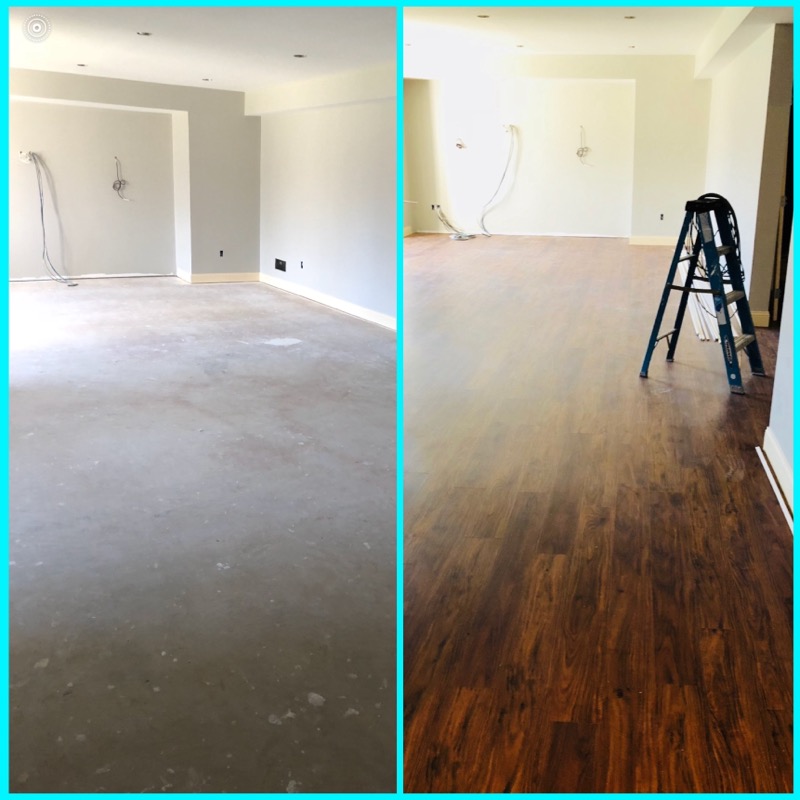 Basement flooring before and after - concrete slab to luxury vinyl plank installation by East Coast Floors