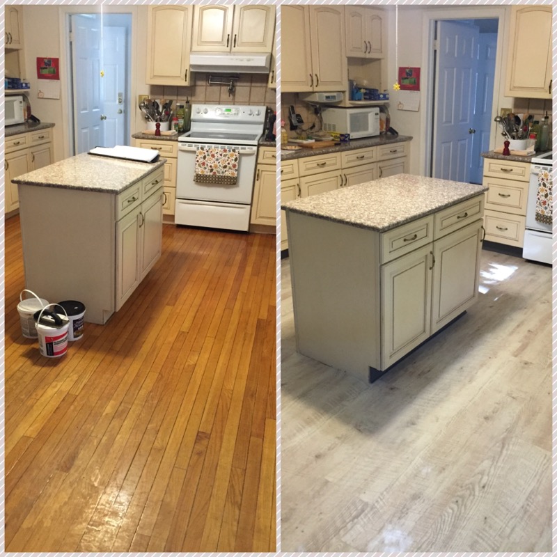 Kitchen flooring before and after - old hardwood replaced with luxury vinyl plank by East Coast Floors