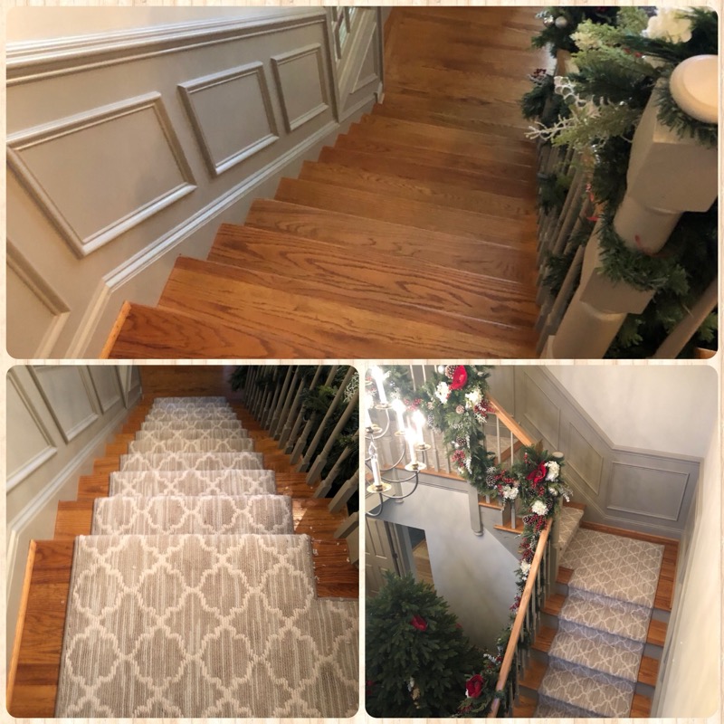 Staircase before and after - hardwood stairs with patterned carpet runner installation by East Coast Floors