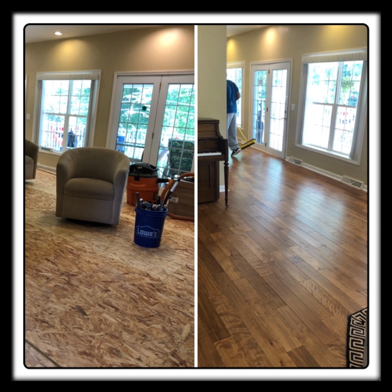 Sunroom flooring before and after - subfloor to hardwood installation by East Coast Floors