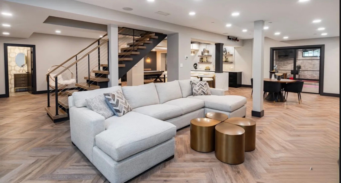 Herringbone LVP basement installation by East Coast Floors